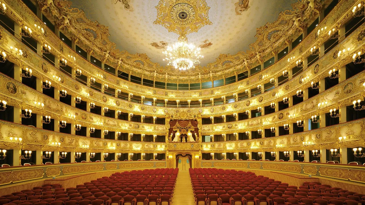 Sala del Teatro La Fenice vista dal palcoscenico, con il lampadario centrale acceso.