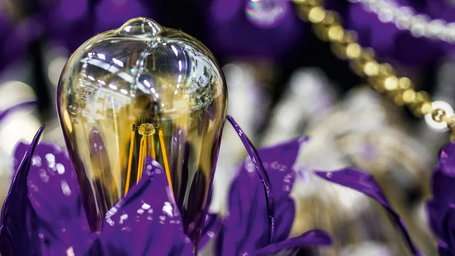 Lampadina a filamento dentro una corolla in vetro di Murano viola.