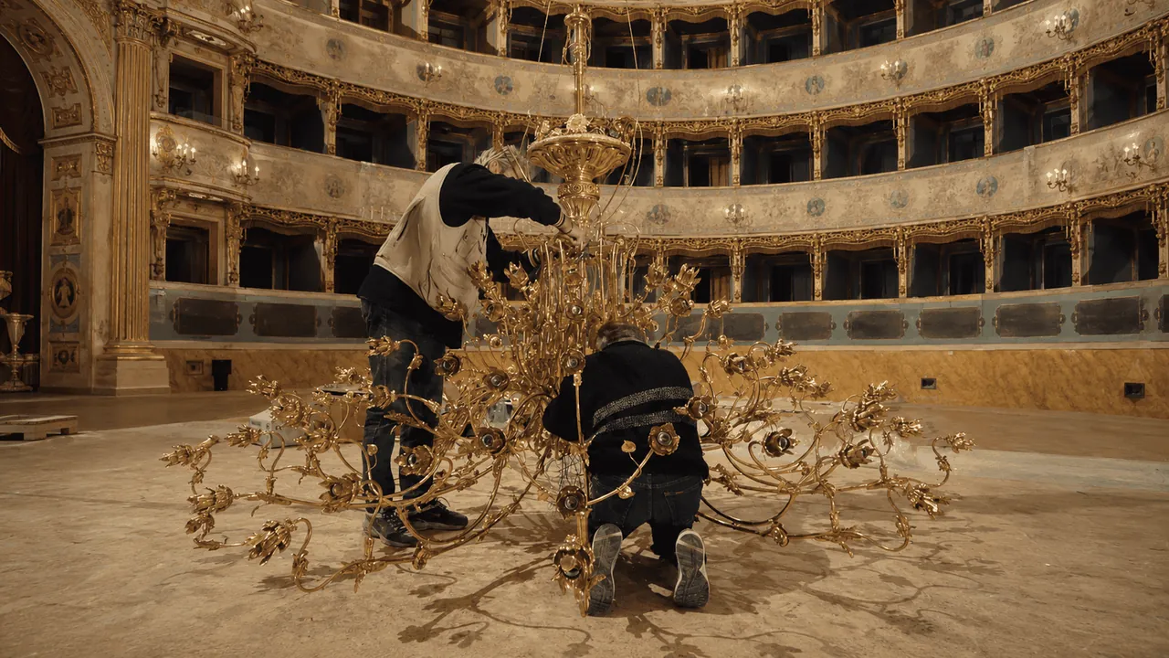 Due artigiani montano i bracci dorati di un lampadario sul palcoscenico di un teatro.