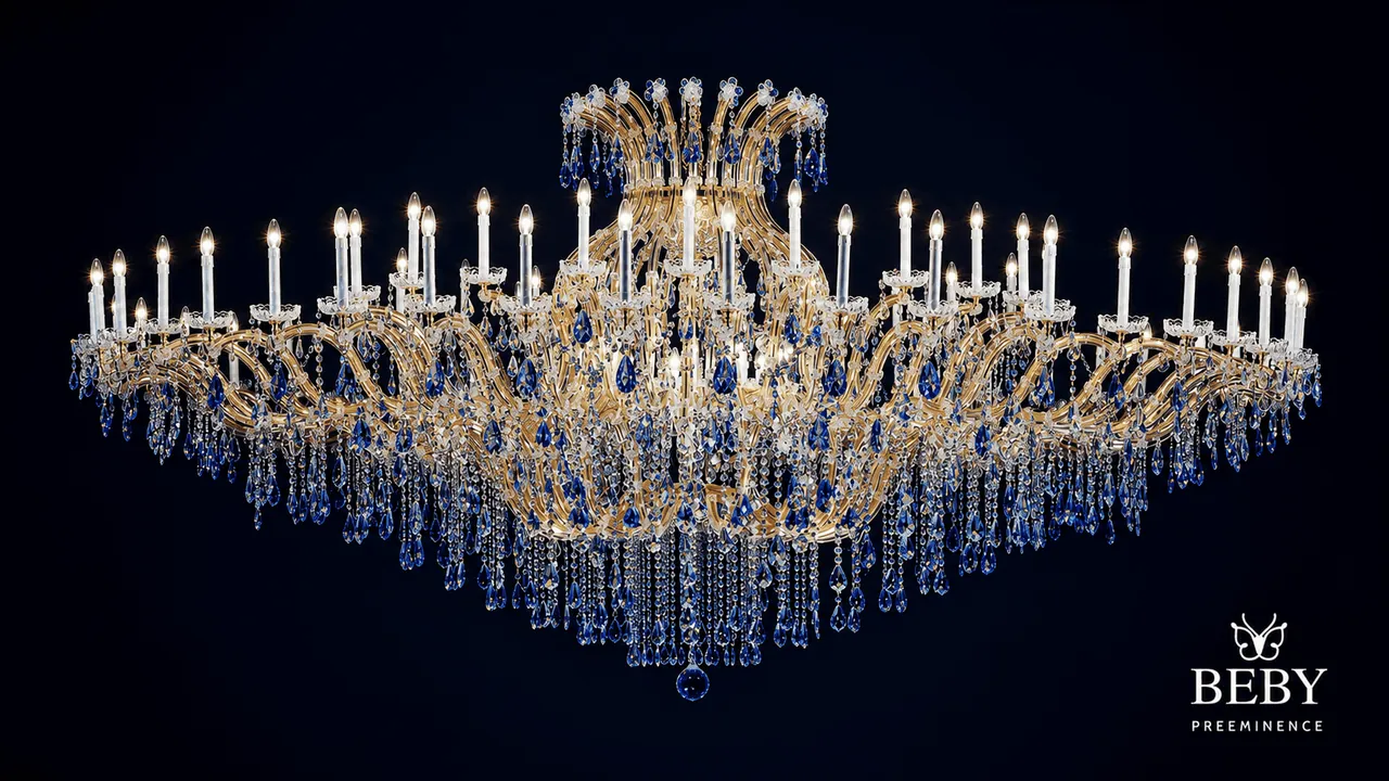Lampadario Maria Teresa con struttura in ottone dorato e gocce in cristallo blu zaffiro.